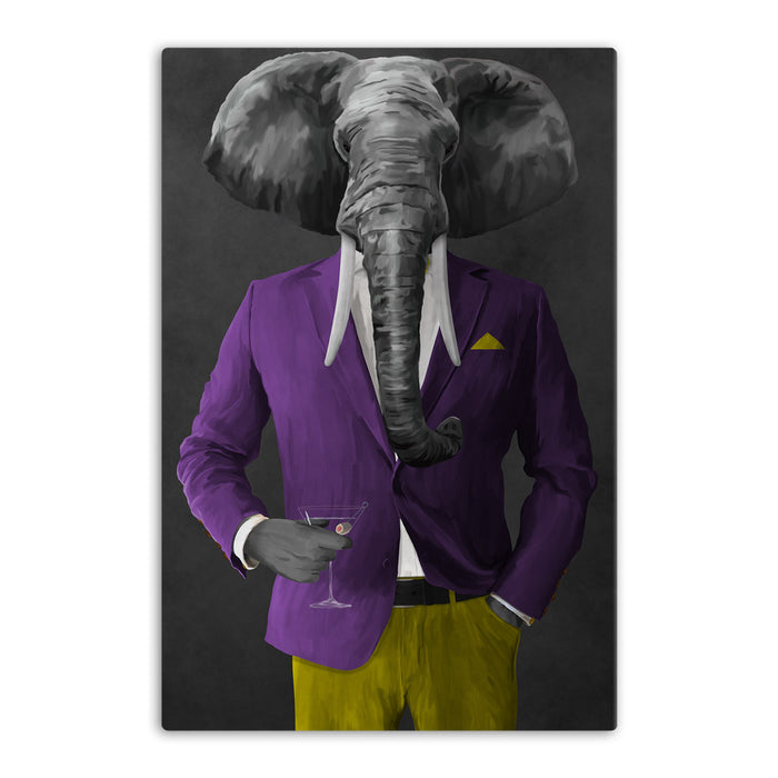 Elephant drinking martini wearing purple and yellow suit canvas wall art