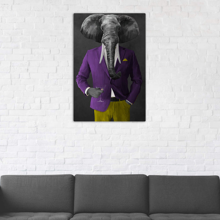 Elephant drinking martini wearing purple and yellow suit wall art in man cave