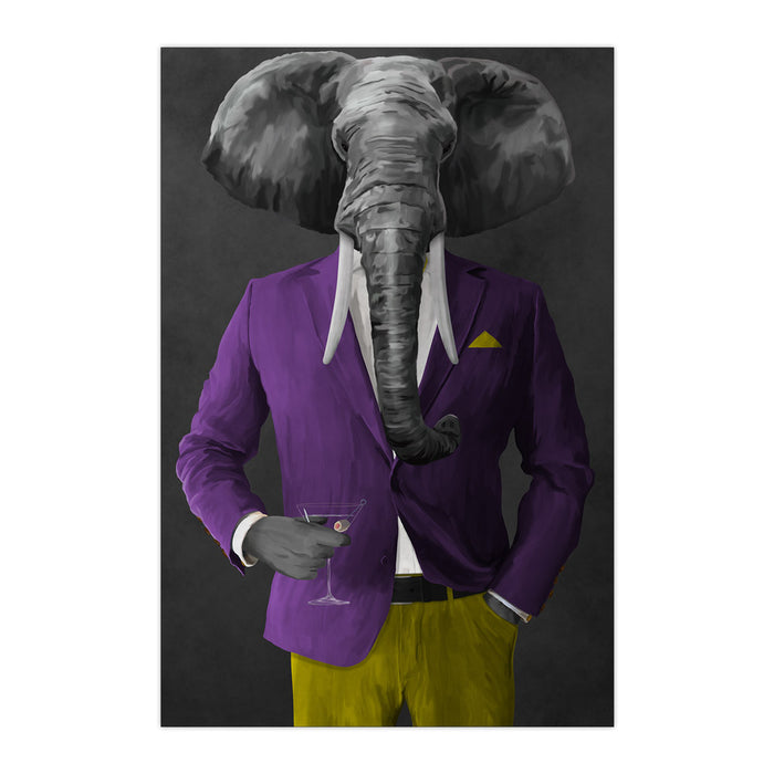 Elephant drinking martini wearing purple and yellow suit large wall art print