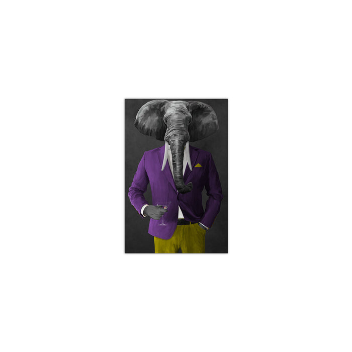Elephant drinking martini wearing purple and yellow suit small wall art print