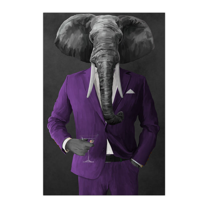 Elephant drinking martini wearing purple suit large wall art print