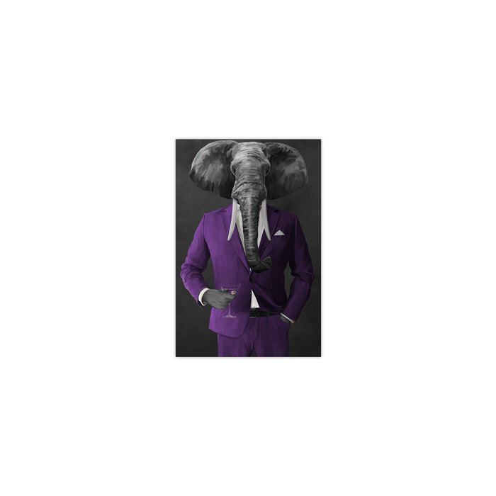 Elephant drinking martini wearing purple suit small wall art print