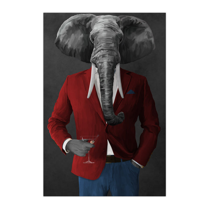 Elephant drinking martini wearing red and blue suit large wall art print