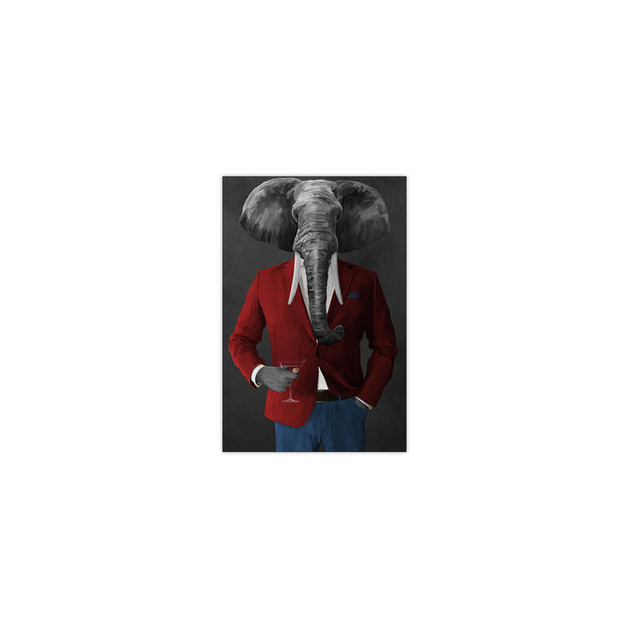 Elephant drinking martini wearing red and blue suit small wall art print