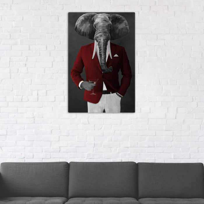 Elephant drinking martini wearing red and white suit wall art in man cave