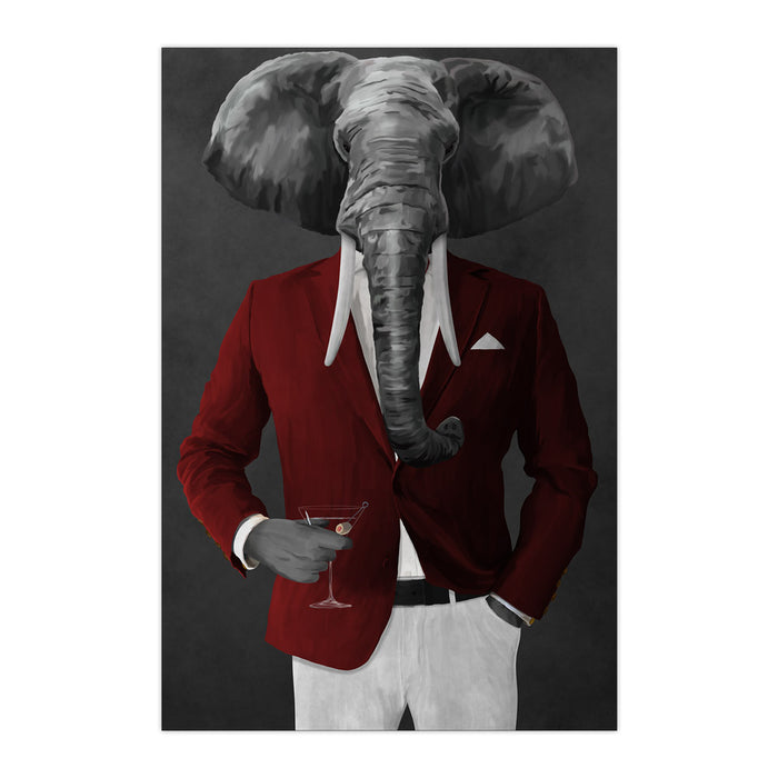Elephant drinking martini wearing red and white suit large wall art print
