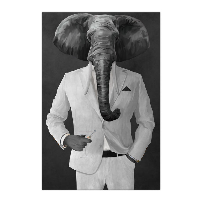 Elephant drinking martini wearing white suit large wall art print