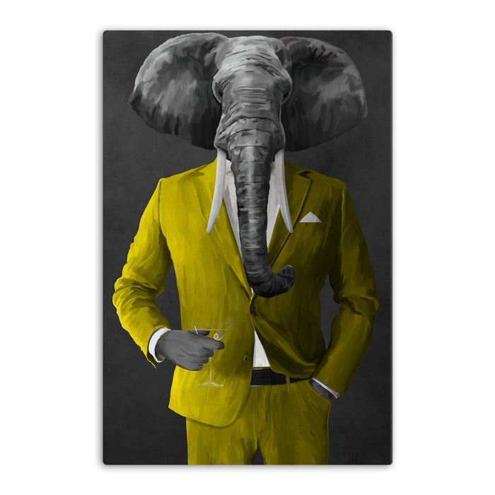 Elephant drinking martini wearing yellow suit canvas wall art