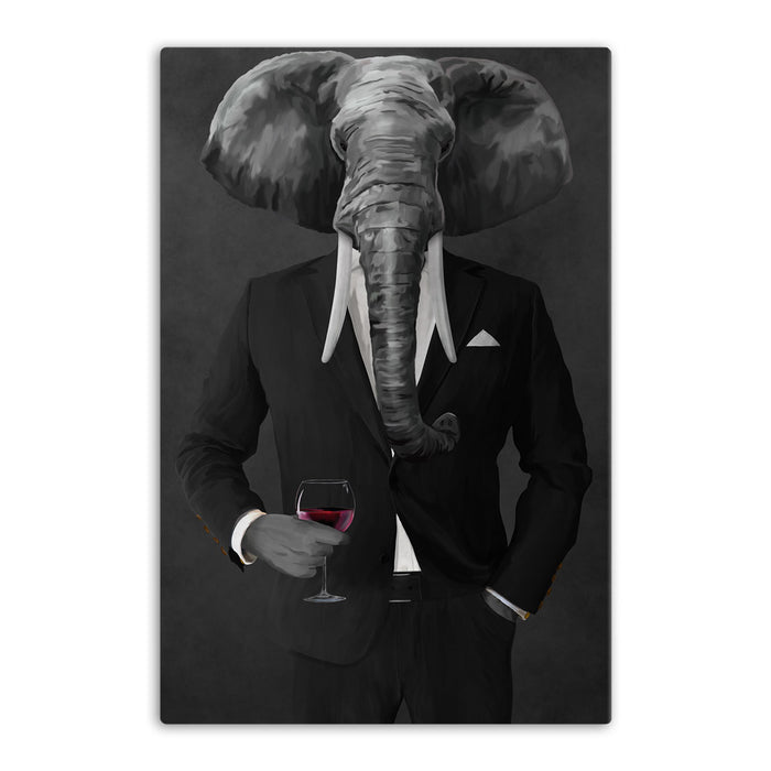 Elephant drinking red wine wearing black suit canvas wall art