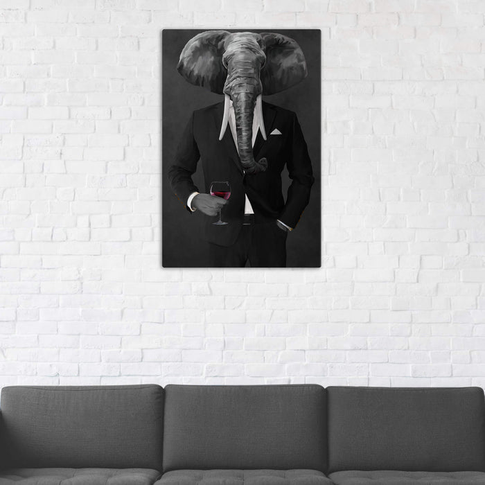 Elephant drinking red wine wearing black suit wall art in man cave
