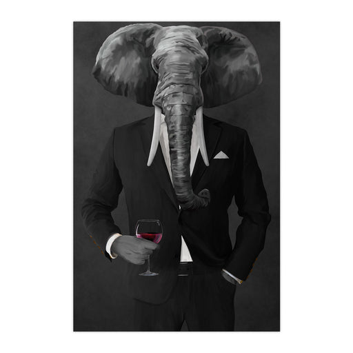 Elephant drinking red wine wearing black suit large wall art print