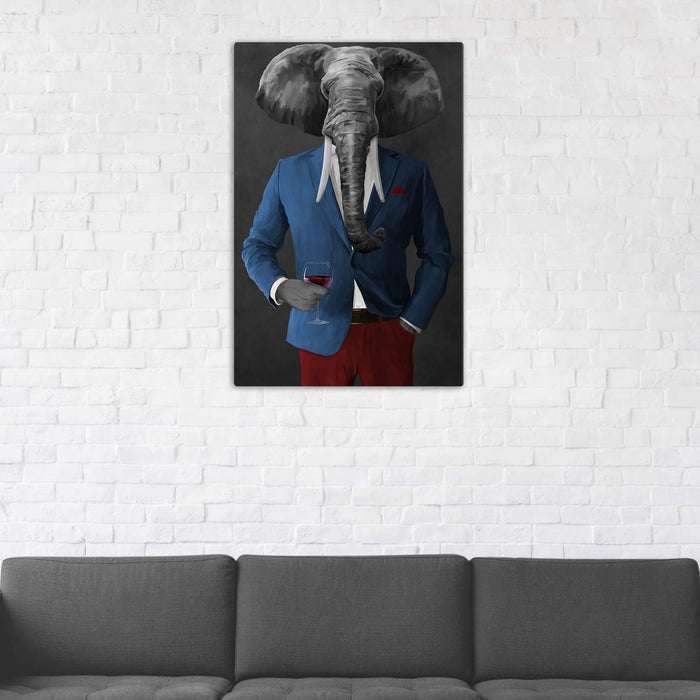 Elephant drinking red wine wearing blue and red suit wall art in man cave