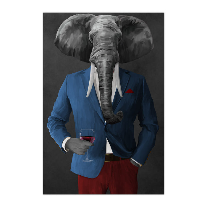 Elephant drinking red wine wearing blue and red suit large wall art print