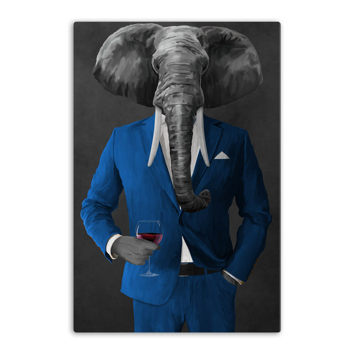 Elephant drinking red wine wearing blue suit canvas wall art