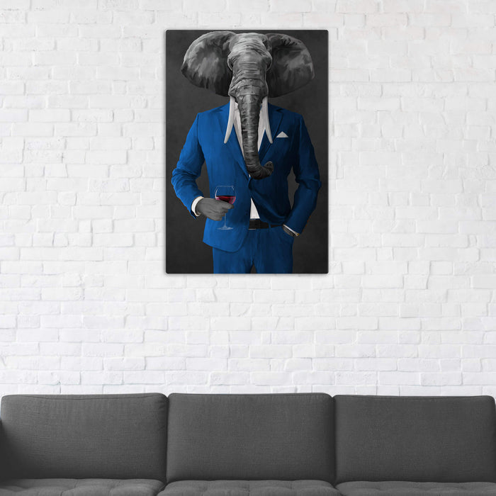 Elephant drinking red wine wearing blue suit wall art in man cave