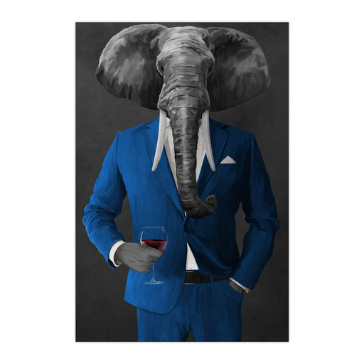 Elephant drinking red wine wearing blue suit large wall art print