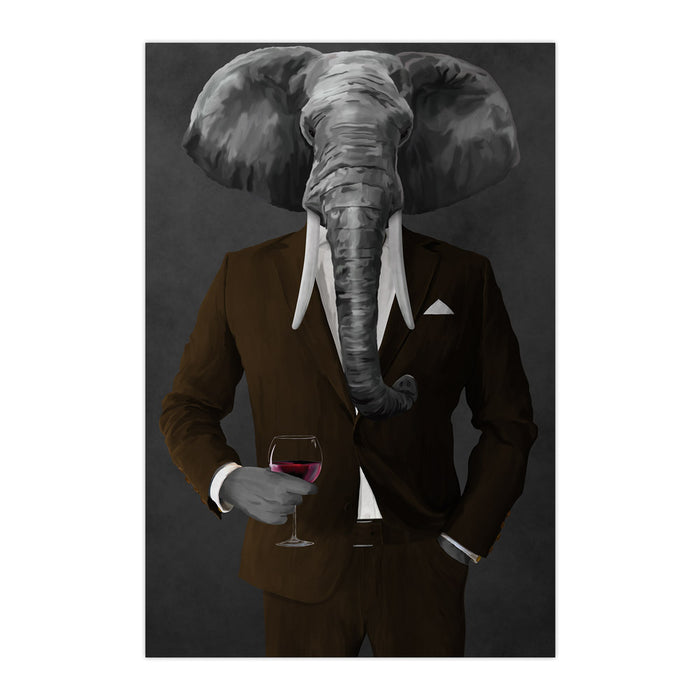 Elephant drinking red wine wearing brown suit large wall art print
