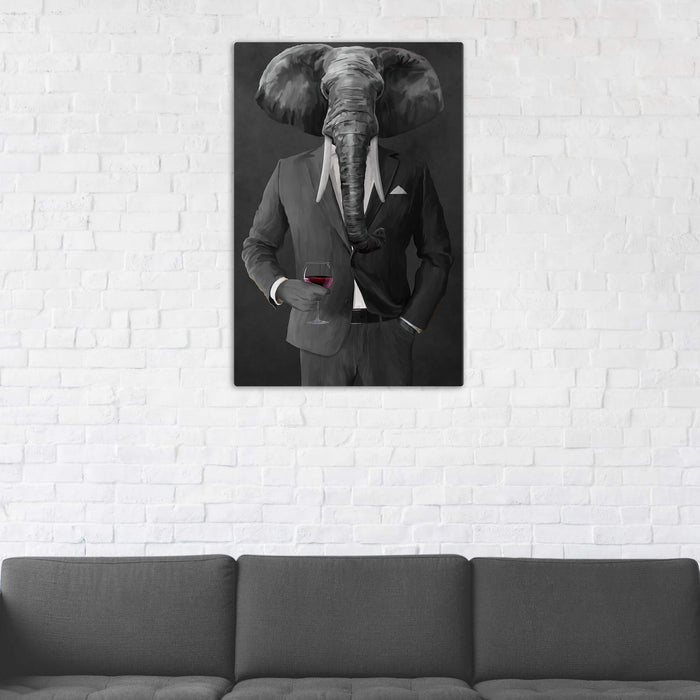 Elephant drinking red wine wearing gray suit wall art in man cave