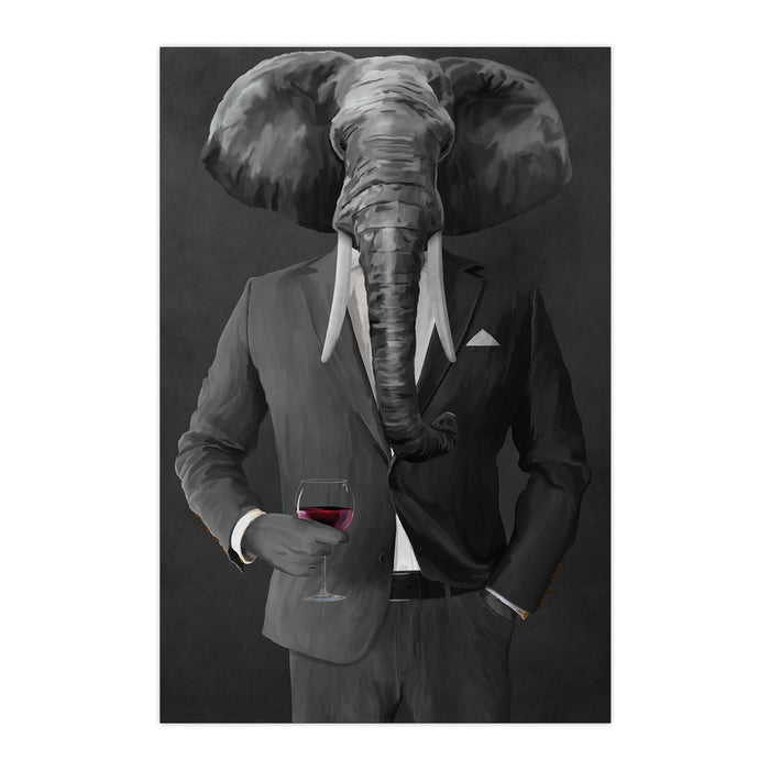 Elephant drinking red wine wearing gray suit large wall art print