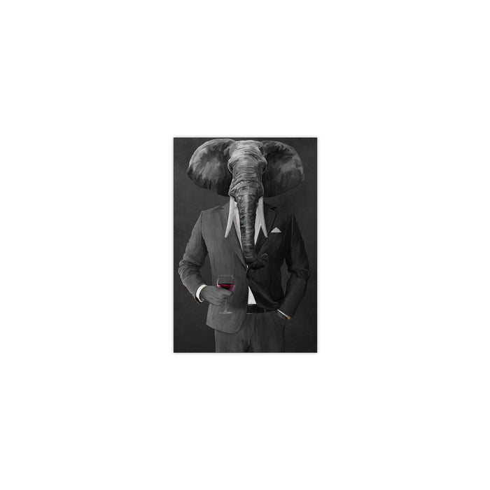 Elephant drinking red wine wearing gray suit small wall art print