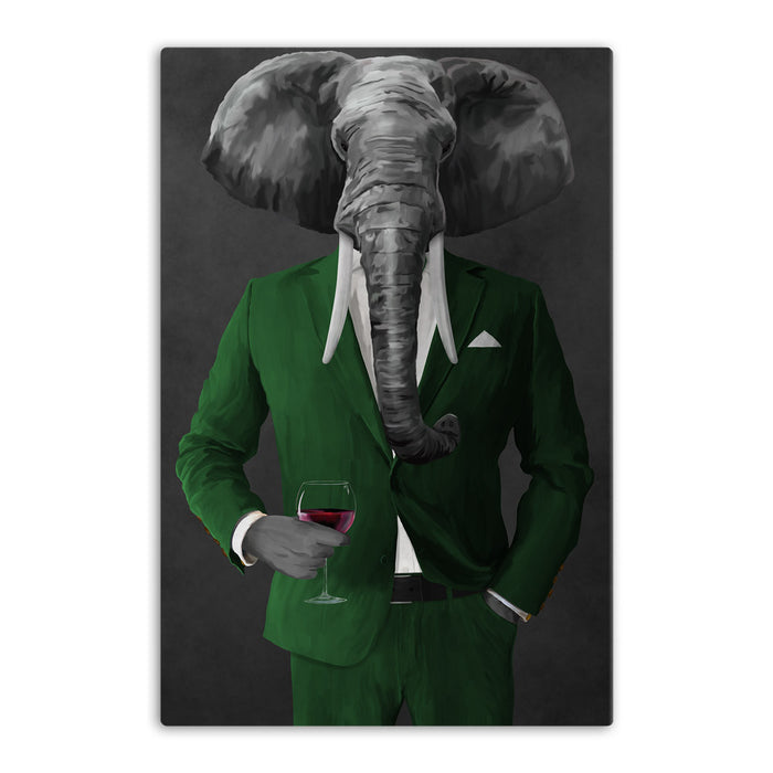 Elephant drinking red wine wearing green suit canvas wall art