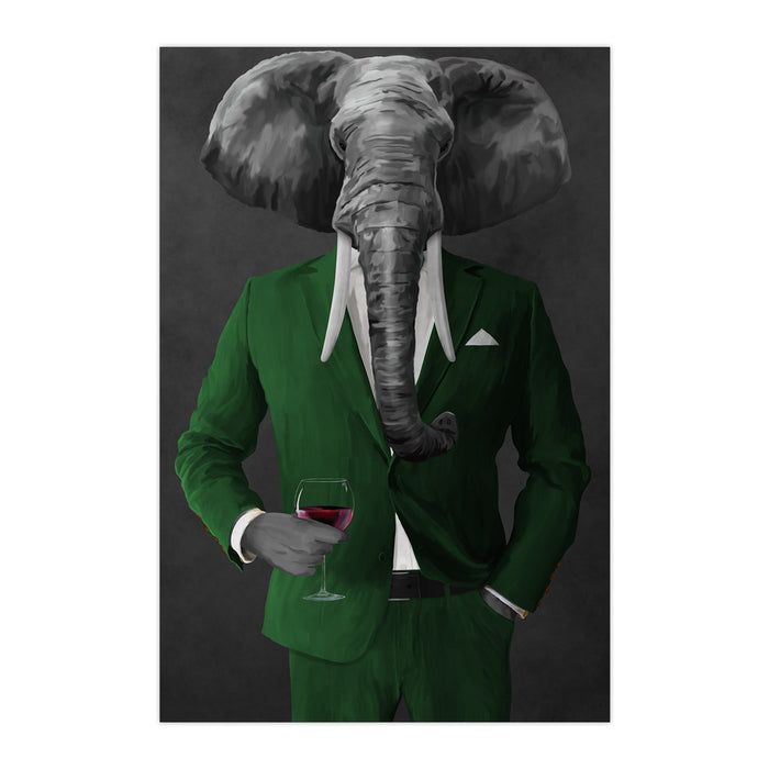 Elephant drinking red wine wearing green suit large wall art print