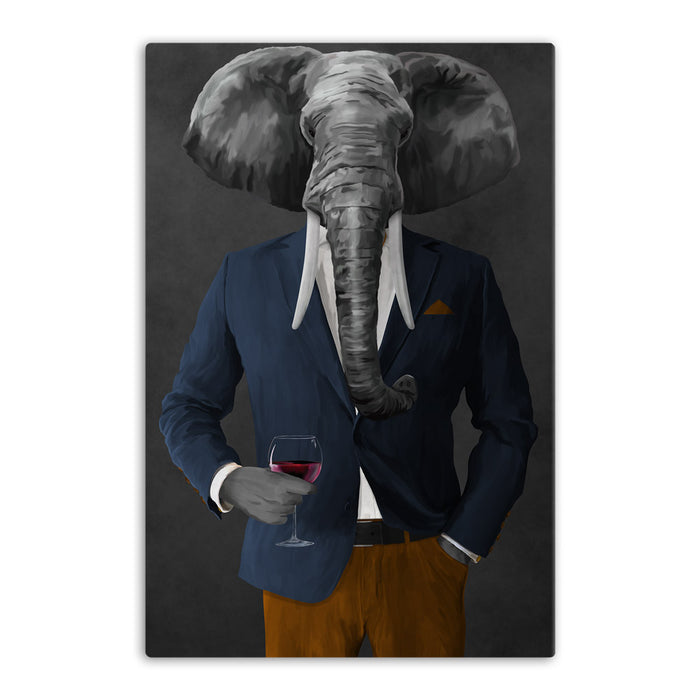 Elephant drinking red wine wearing navy and orange suit canvas wall art