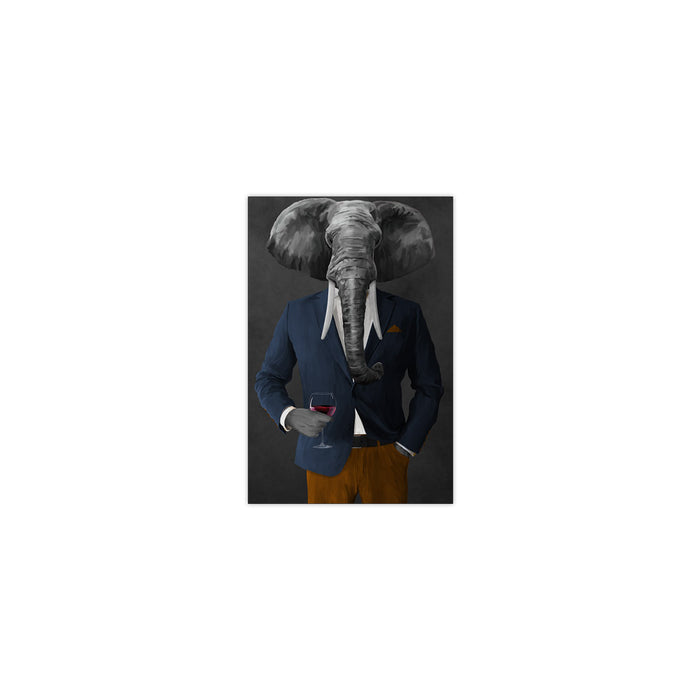 Elephant drinking red wine wearing navy and orange suit small wall art print