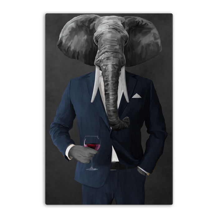 Elephant drinking red wine wearing navy suit canvas wall art