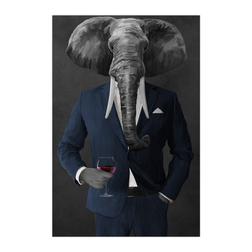 Elephant drinking red wine wearing navy suit large wall art print