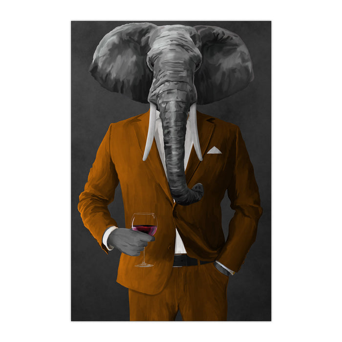Elephant drinking red wine wearing orange suit large wall art print