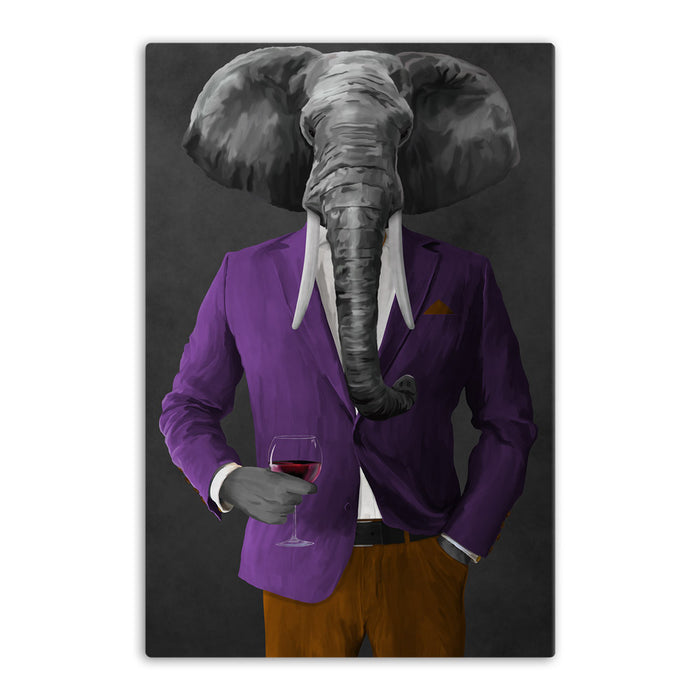 Elephant drinking red wine wearing purple and orange suit canvas wall art