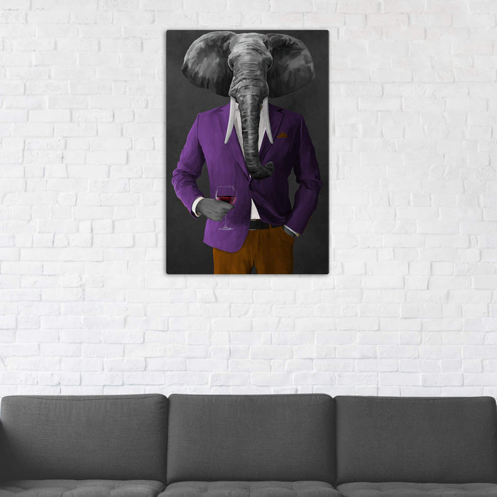 Elephant drinking red wine wearing purple and orange suit wall art in man cave