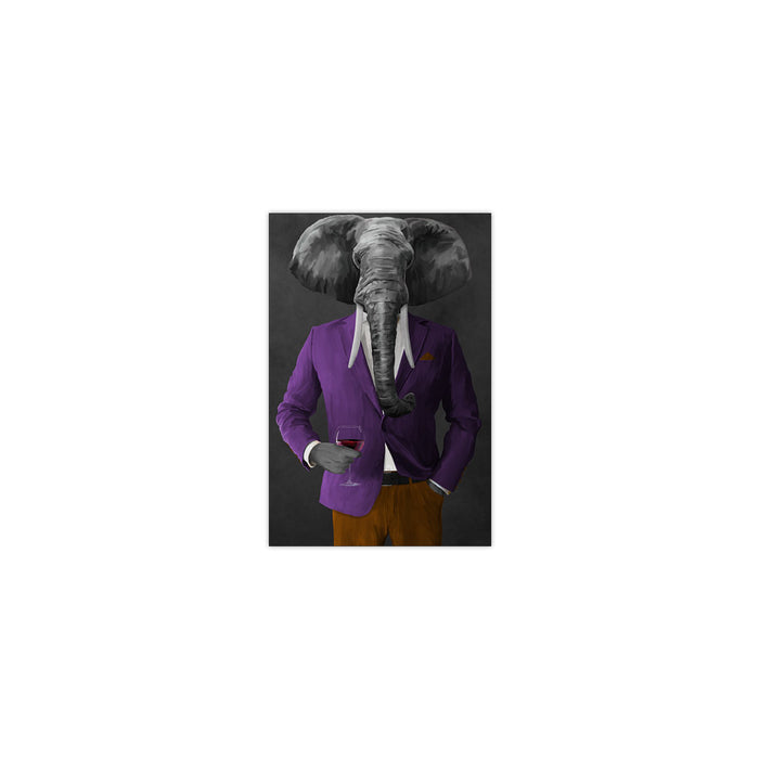 Elephant drinking red wine wearing purple and orange suit small wall art print