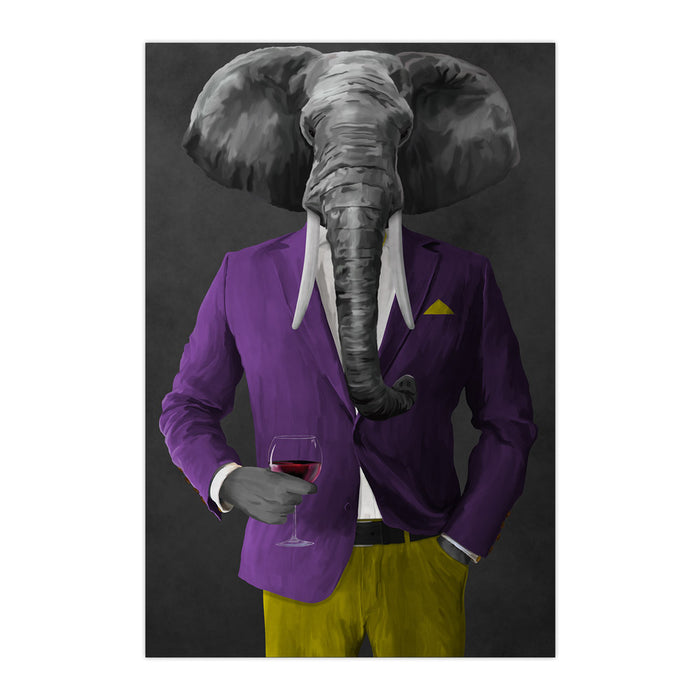 Elephant drinking red wine wearing purple and yellow suit large wall art print
