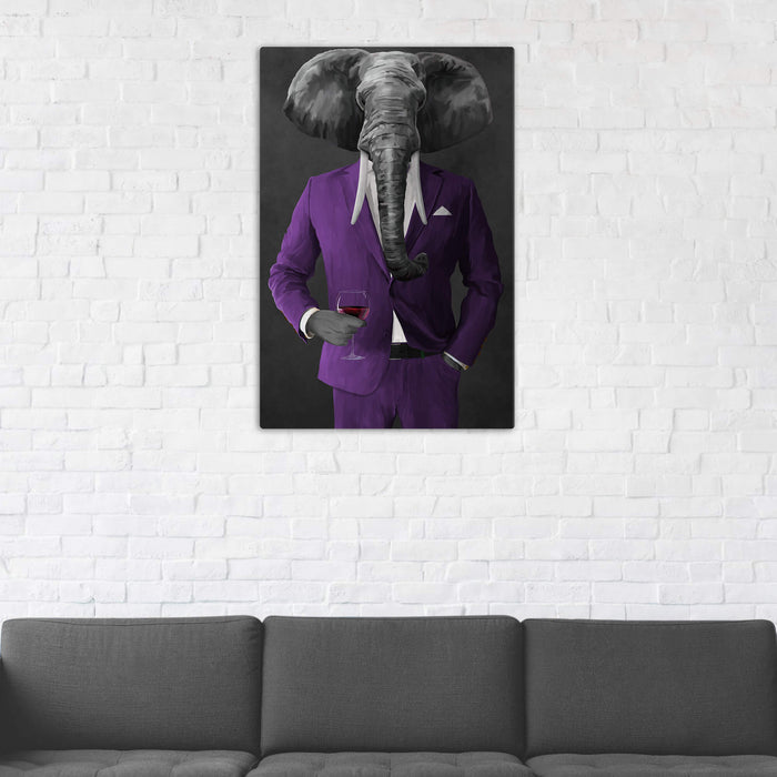 Elephant drinking red wine wearing purple suit wall art in man cave