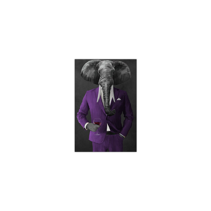 Elephant drinking red wine wearing purple suit small wall art print