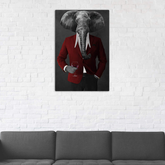 Elephant drinking red wine wearing red and black suit wall art in man cave