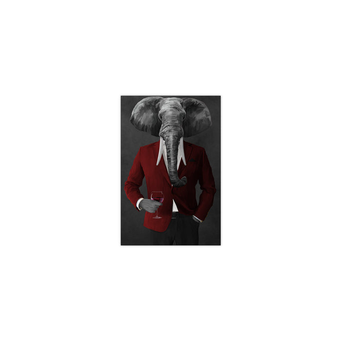 Elephant drinking red wine wearing red and black suit small wall art print