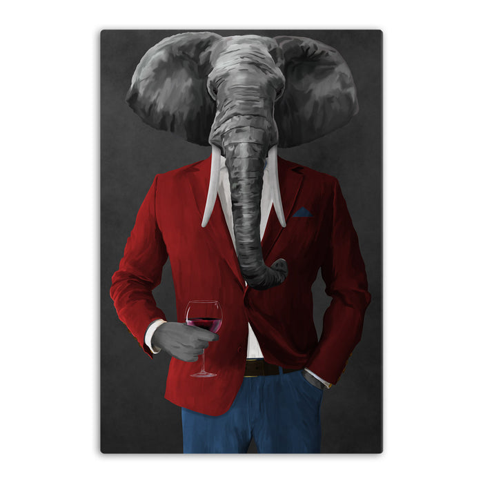 Elephant drinking red wine wearing red and blue suit canvas wall art
