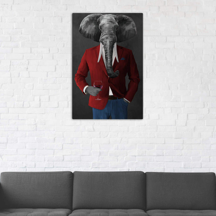 Elephant drinking red wine wearing red and blue suit wall art in man cave