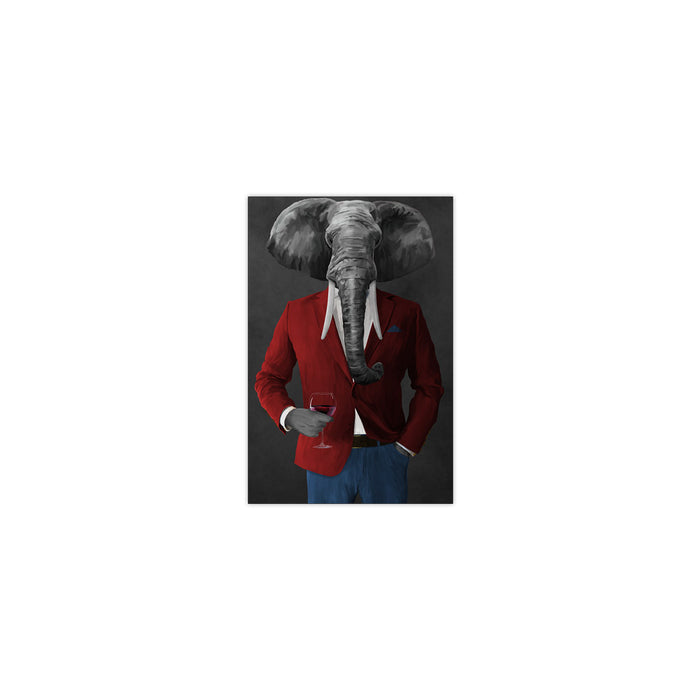 Elephant drinking red wine wearing red and blue suit small wall art print