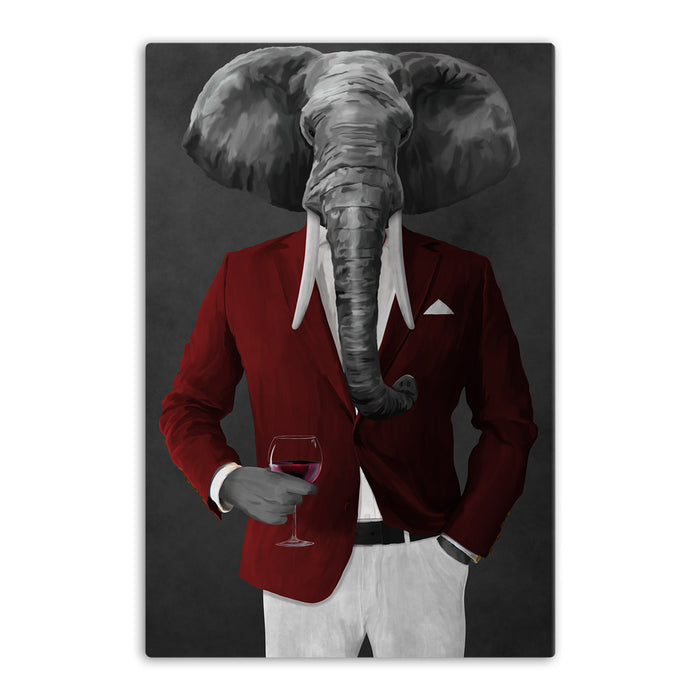 Elephant drinking red wine wearing red and white suit canvas wall art