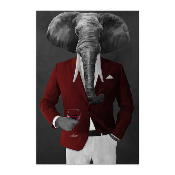 Elephant drinking red wine wearing red and white suit large wall art print