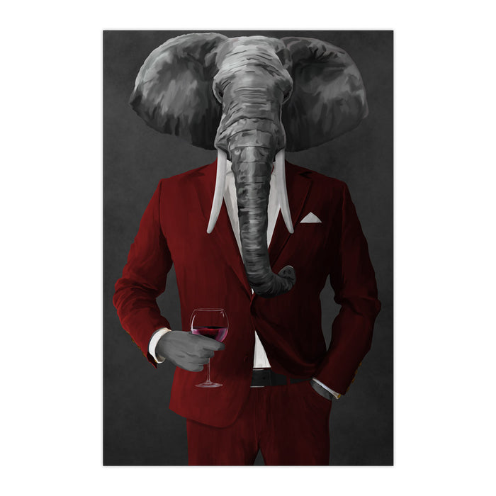 Elephant drinking red wine wearing red suit large wall art print