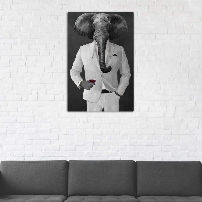 Elephant drinking red wine wearing white suit wall art in man cave