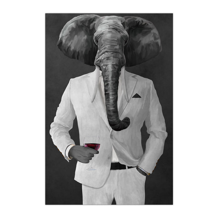 Elephant drinking red wine wearing white suit large wall art print
