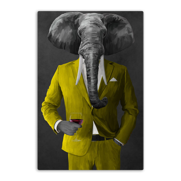 Elephant drinking red wine wearing yellow suit canvas wall art