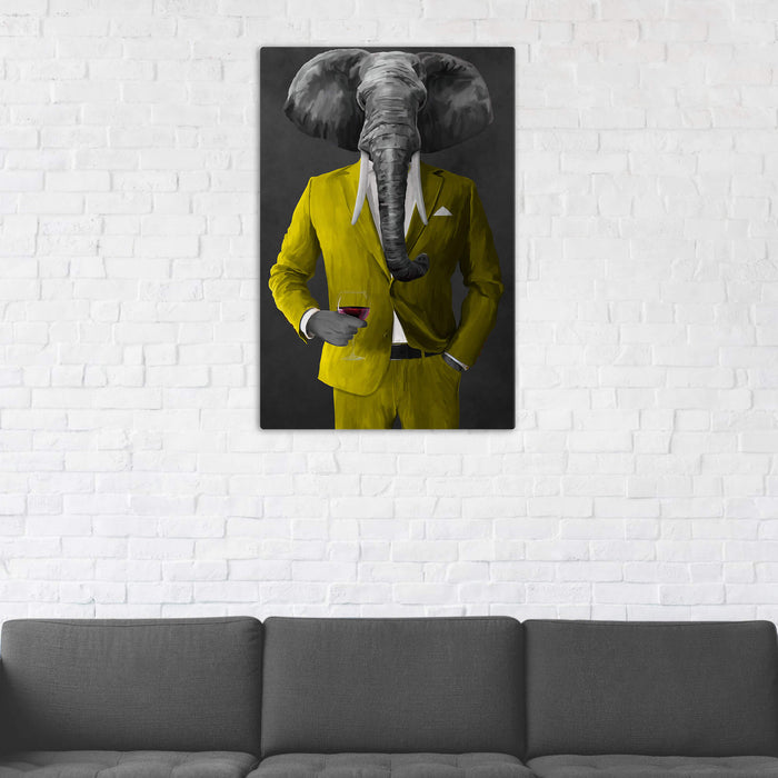 Elephant drinking red wine wearing yellow suit wall art in man cave