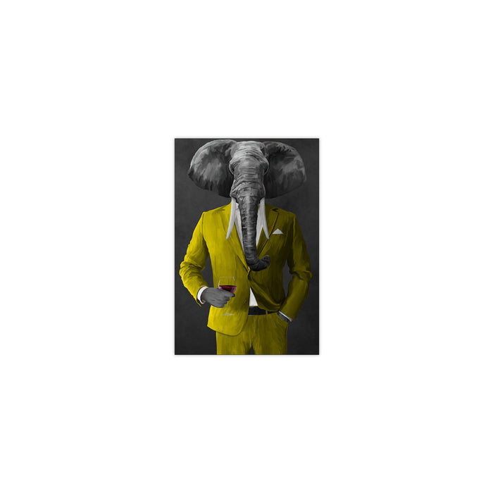 Elephant drinking red wine wearing yellow suit small wall art print
